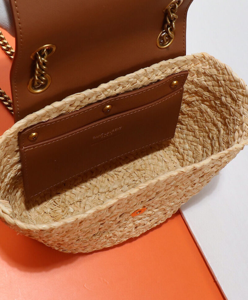 Saint Laurent Mini Manon In Raffia And Aged Vegetable-Tanned Leather Coffee